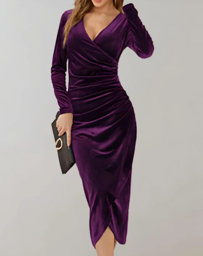Velvet Wrap Dress Long Sleeve Ruffle