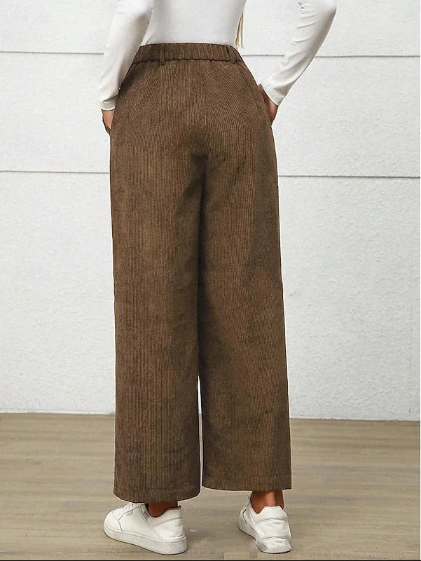 Retro High Waist Wide Leg Corduroy Trousers with Front Pockets