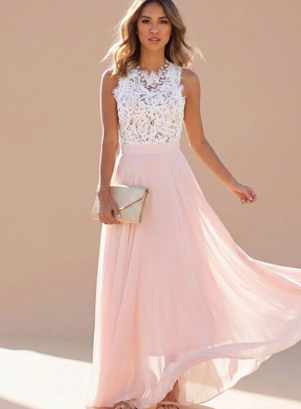 Lace Maxi Dress – Pink Lace Bodice Chiffon