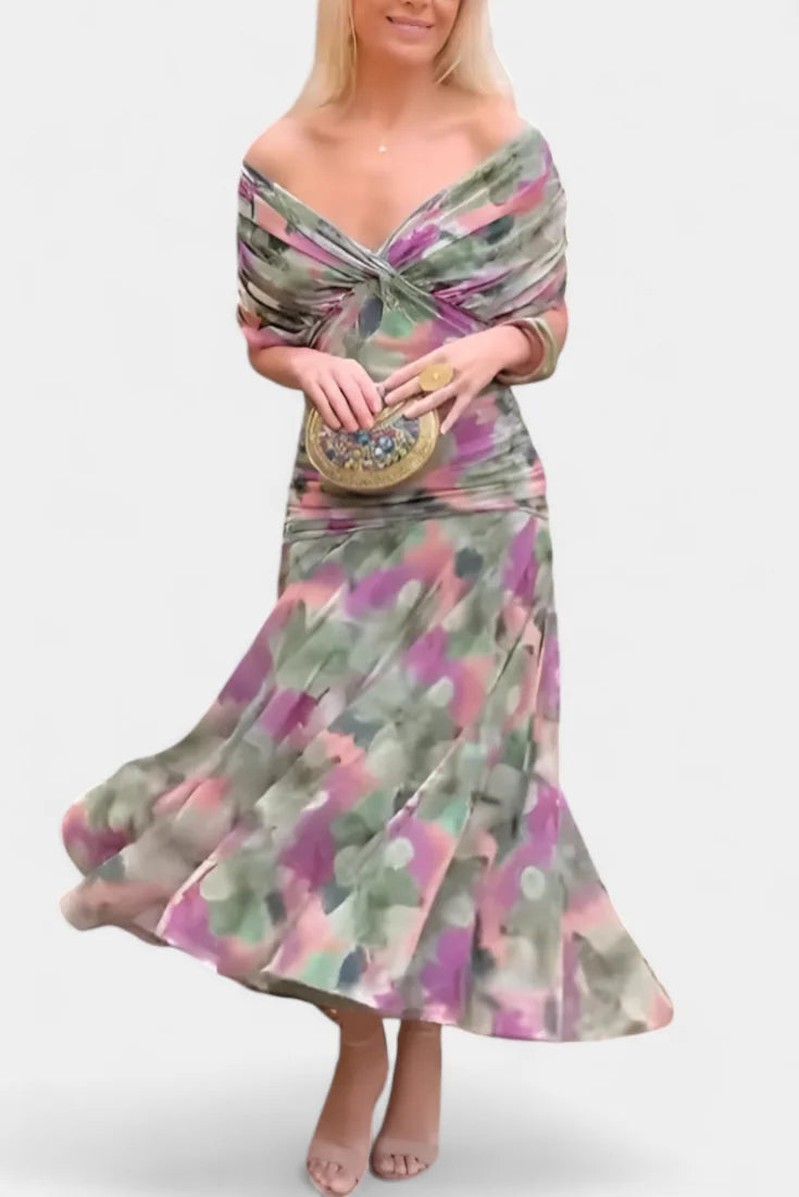 Off Shoulder Midi Dress Draped Wrap Bodice