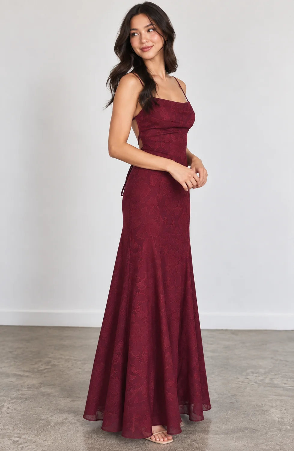 Lace Maxi Dress – Red Lace-Up Back