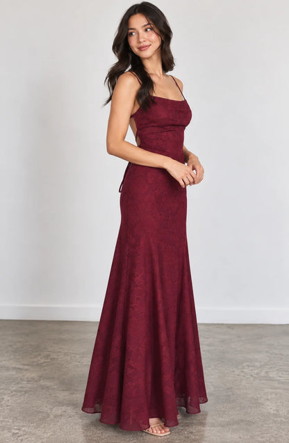 Lace Maxi Dress – Red Lace-Up Back