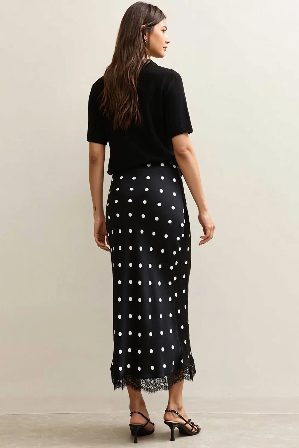 Lace Trim Polka Dot Midi Skirt