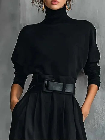 High-Neck Top and Wide-Leg Pant Set with Belt