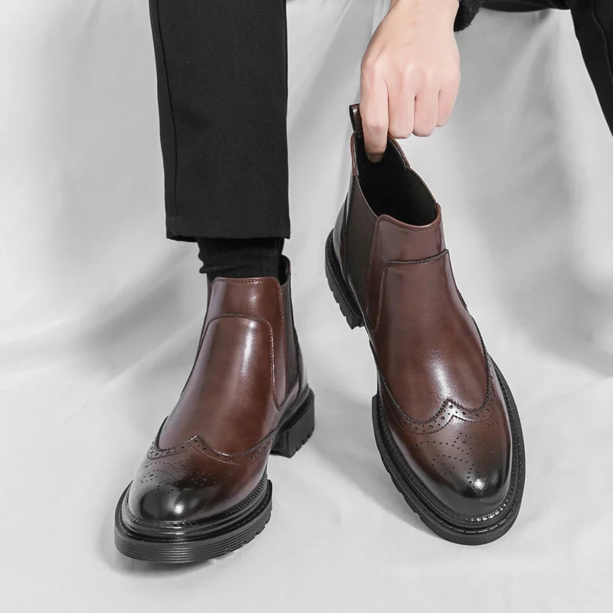 Men's Chelsea Boots – Black Leather Brogue Lug Sole