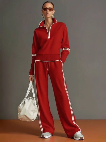 Half-Zip Loungewear Set with Wide-Leg Pants