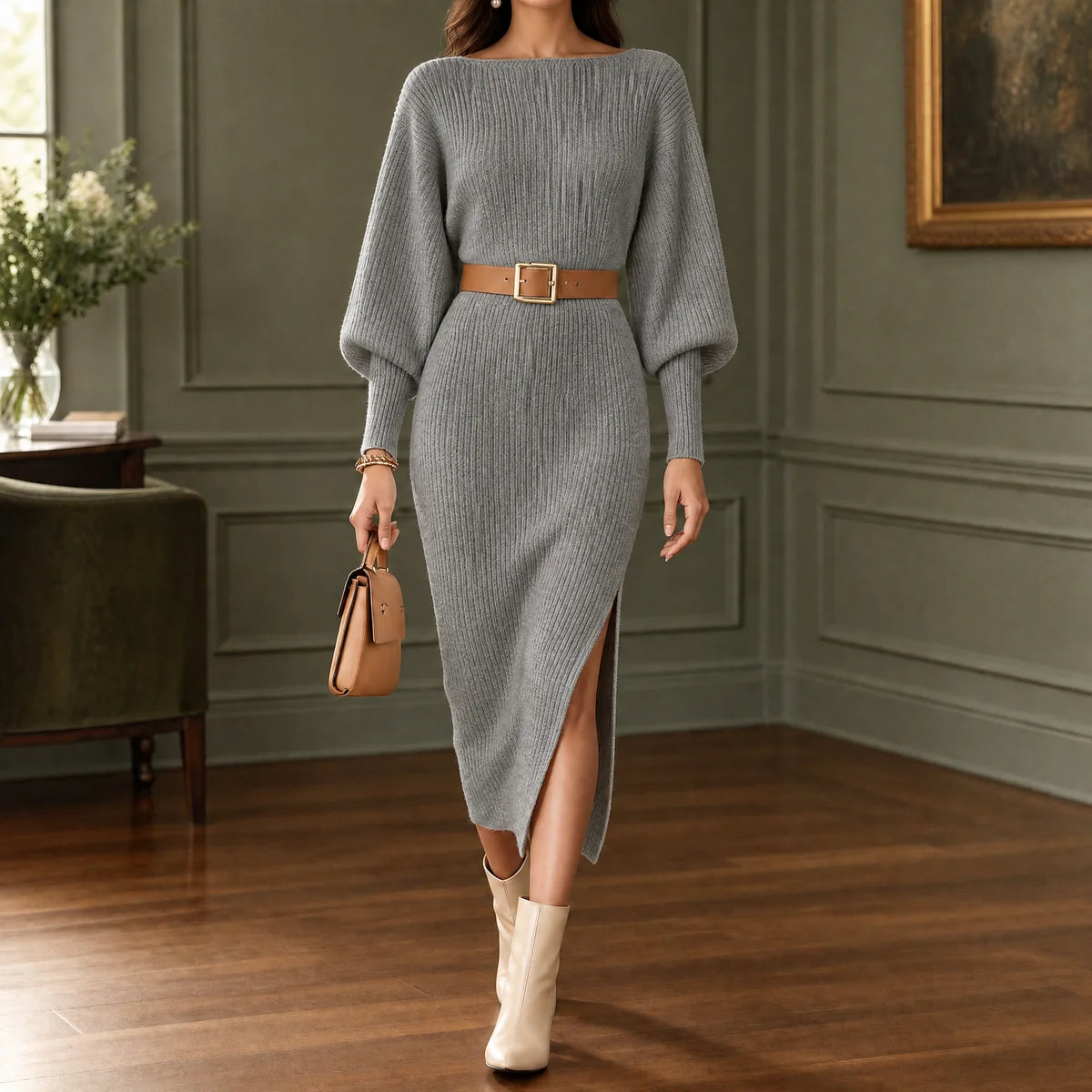 Ribbed Knit Midi Sweater Dress