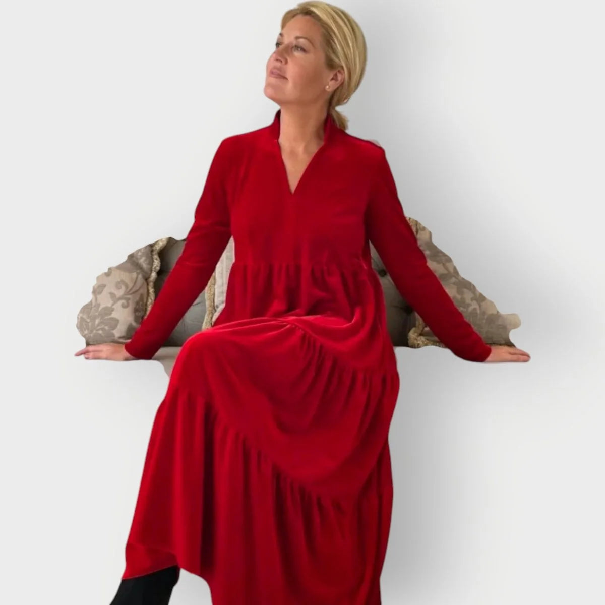 Velvet Maxi Dress – Red Tiered Long Sleeve V-Neck