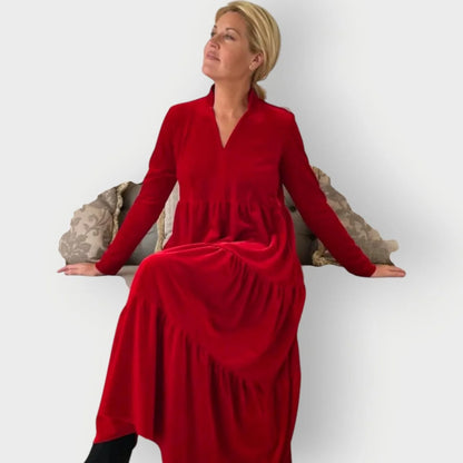 Velvet Maxi Dress – Red Tiered Long Sleeve V-Neck