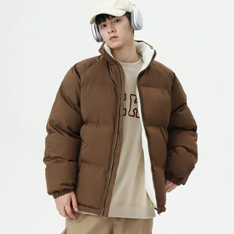 Men's Puffer Jacket – Black Fleece-Lined Stand Collar