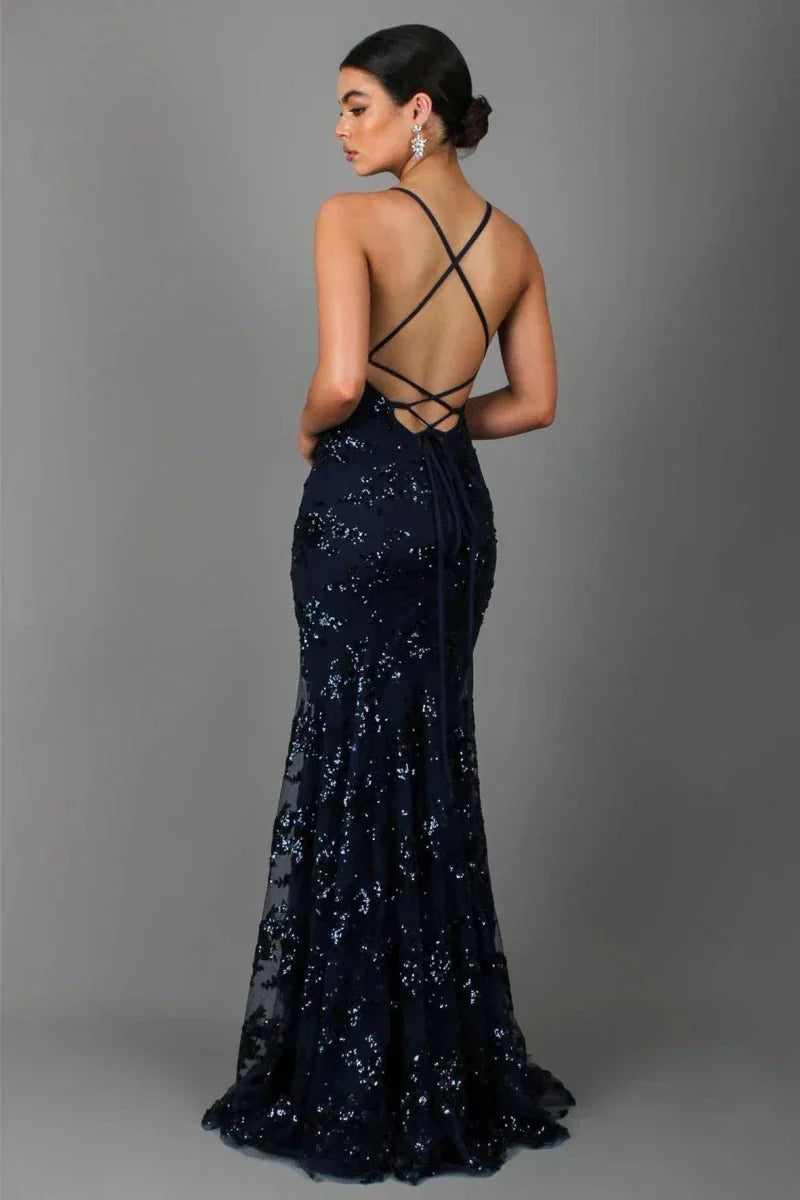 Sequin Dress – Navy Strappy Floor-Length