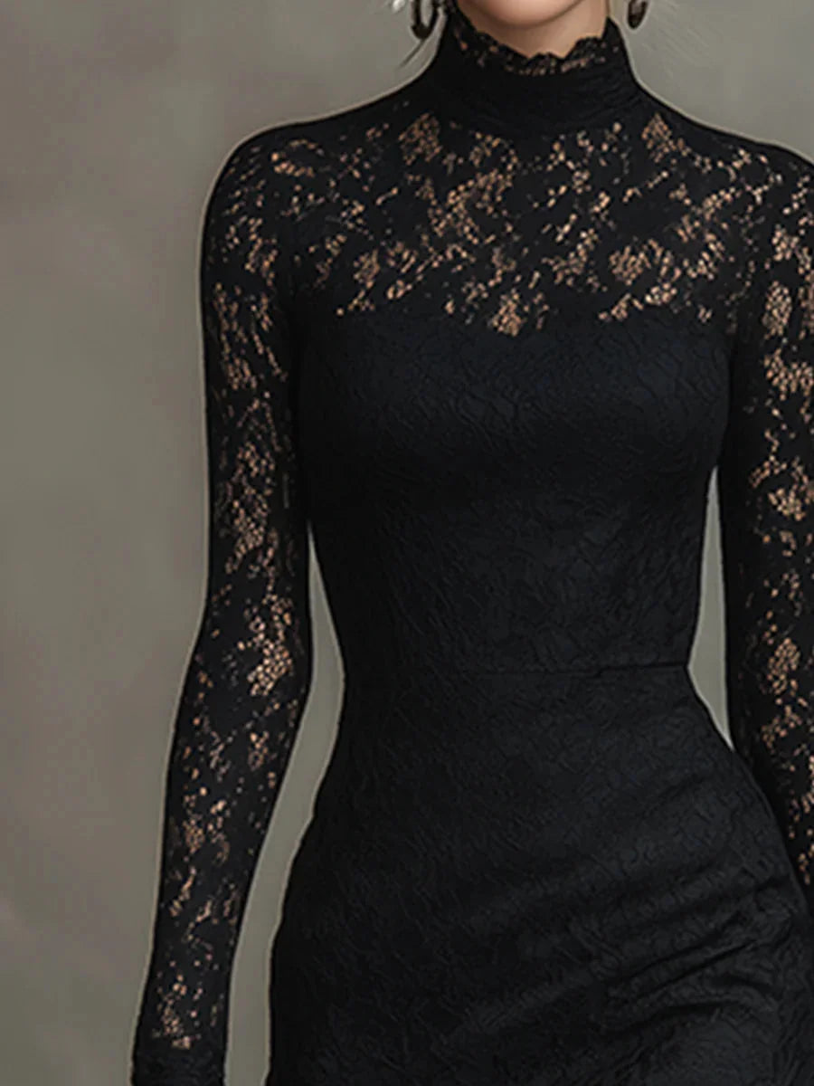 Lace High-Neck Long Sleeve Maxi Dress