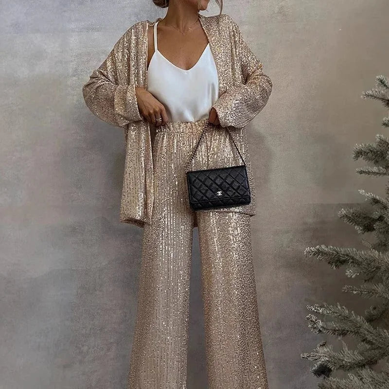 Sequin Blazer and Wide-Leg Pant Set