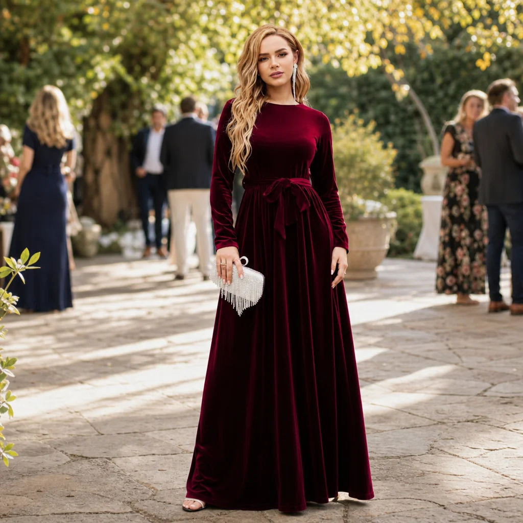 Belted Velvet A-Line Maxi Dress with Long Sleeves