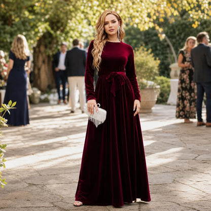 Belted Velvet A-Line Maxi Dress with Long Sleeves