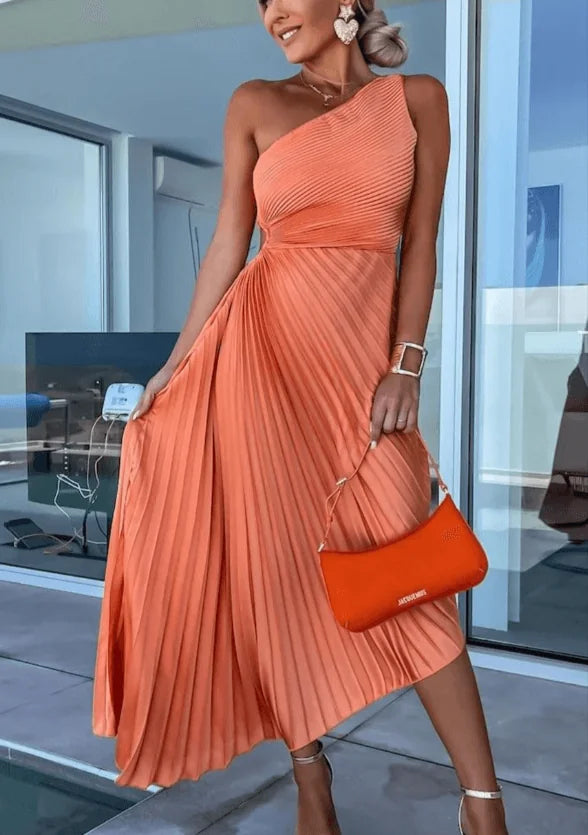 Wedding Guest Dress – Red One-Shoulder Pleated Maxi