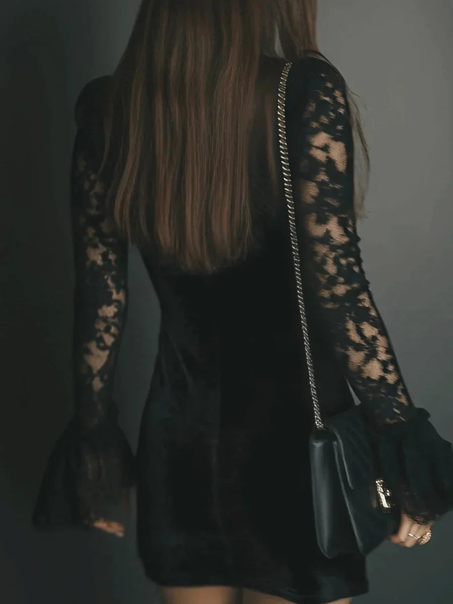 Velvet Lace Long Sleeve Cocktail Dress