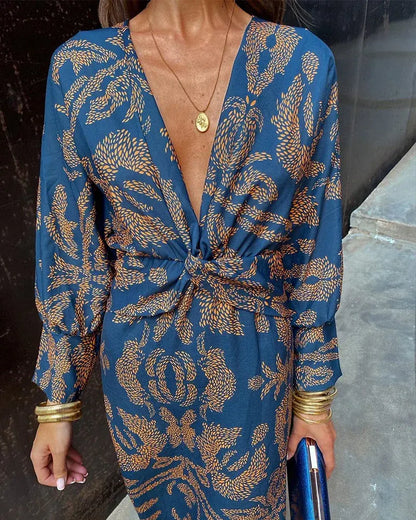 Printed Twist Front Long Sleeve Midi Dress