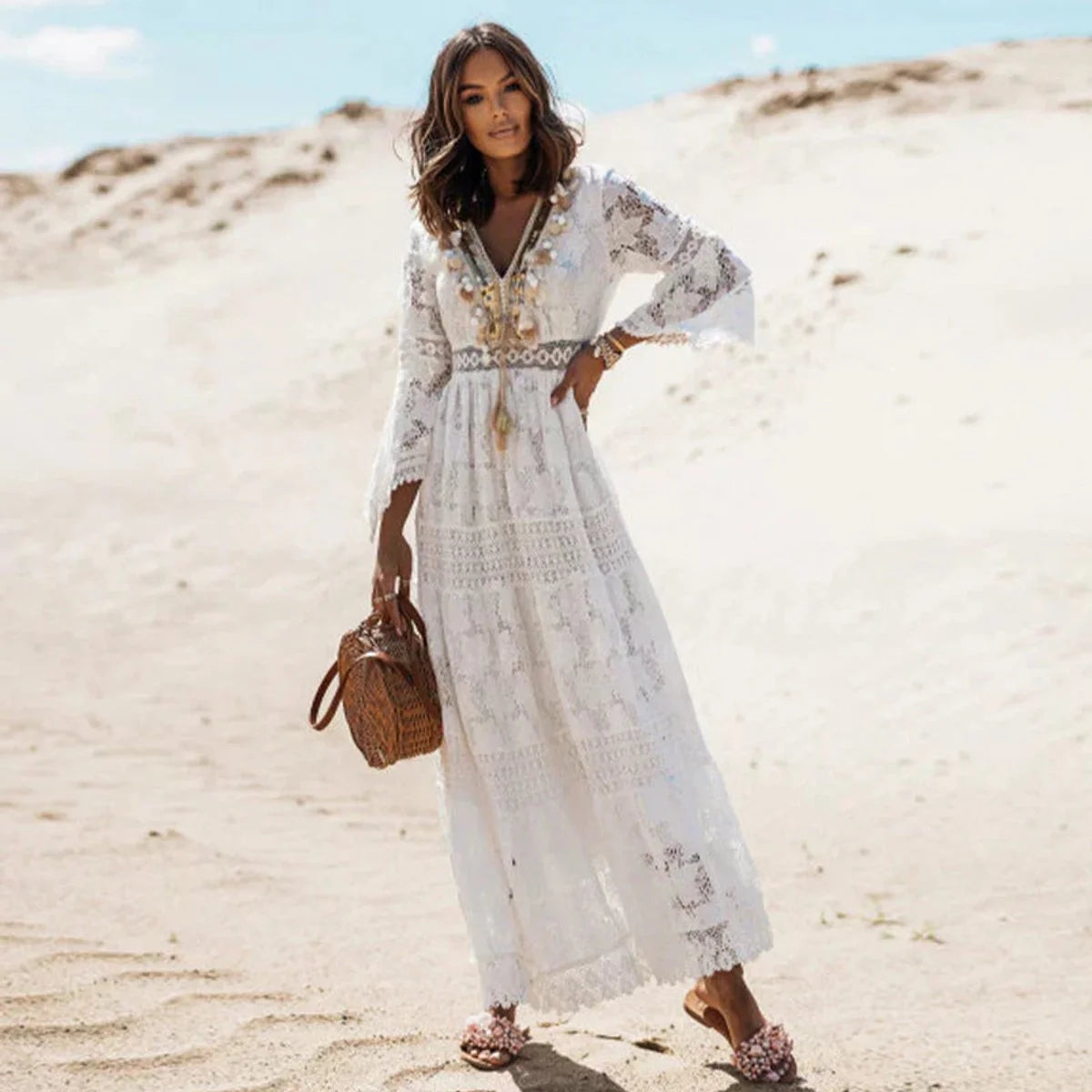 Lace Maxi Dress – Beige Long Sleeve Boho V-Neck