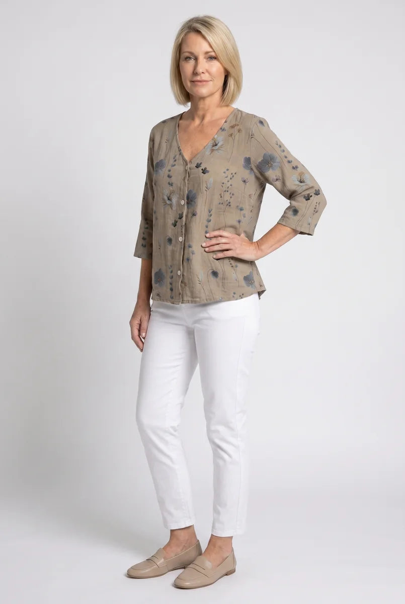 V-Neck Three-Quarter Sleeve Printed Blouse
