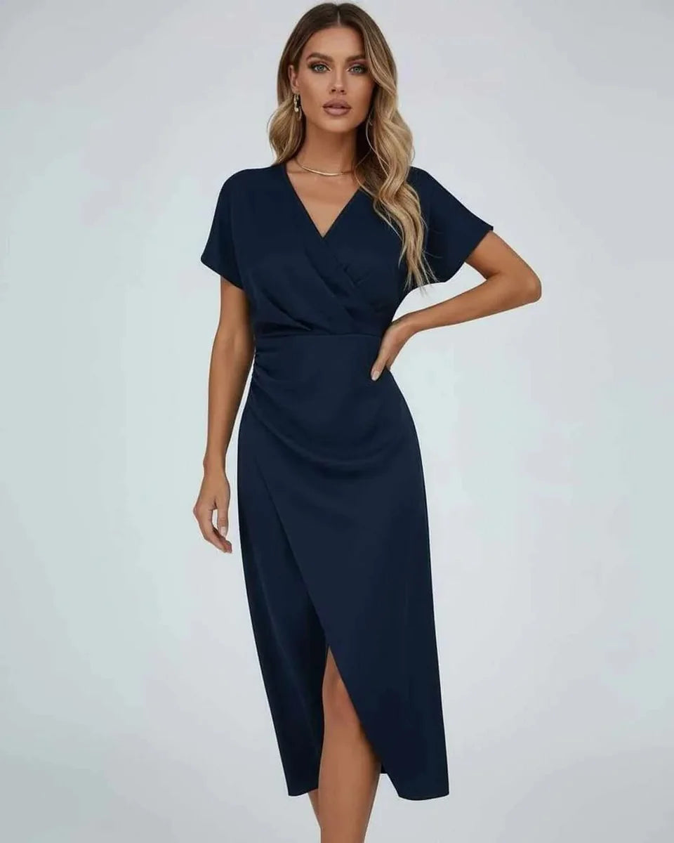 Wrap Midi Dress with Draped Waist and Split Hem