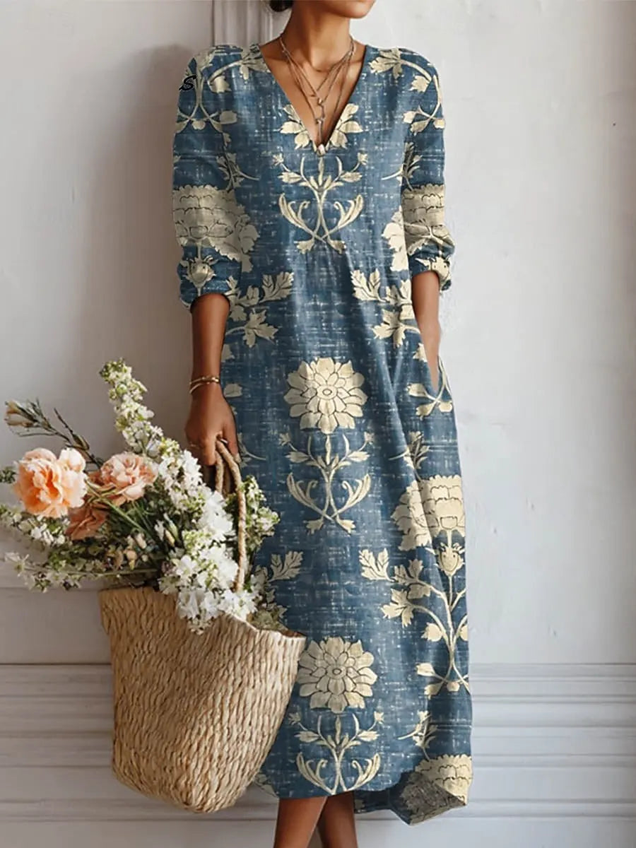 Floral Long Sleeve Midi Dress with V-Neck
