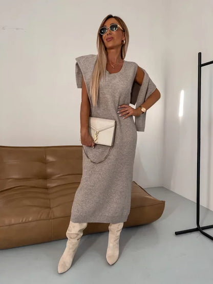 Sweater Dress – Beige Turtleneck Two-Piece Midi