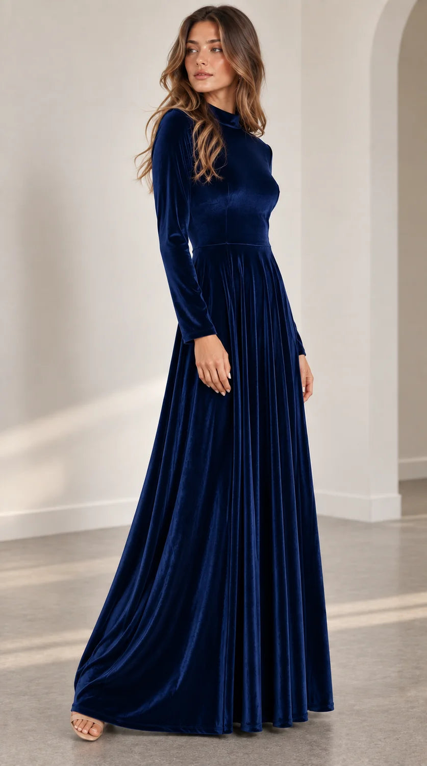 Velvet Maxi Dress – Burgundy A-Line Long Sleeve