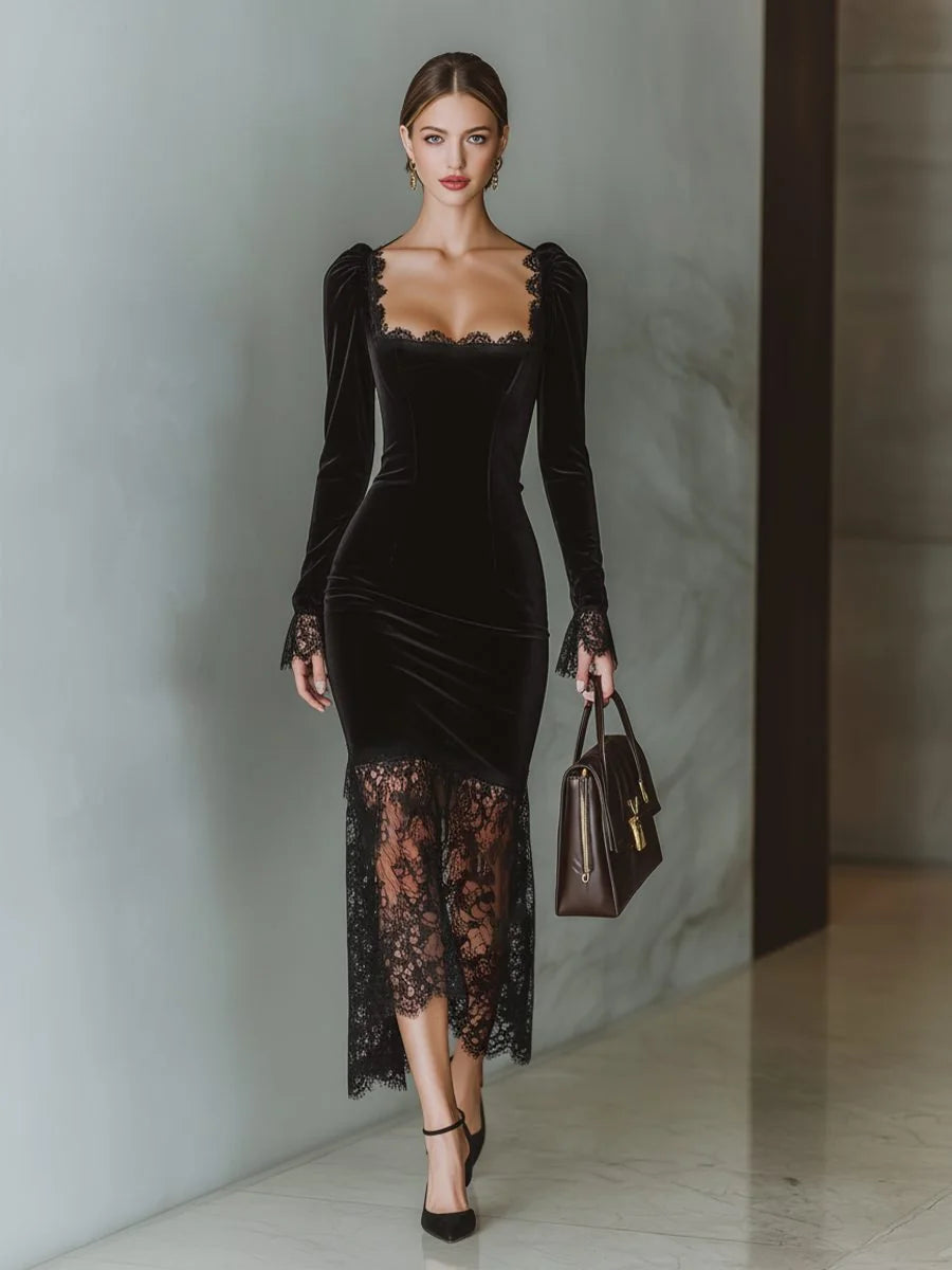 Velvet Long Sleeve Formal Maxi Dress with Lace Hem
