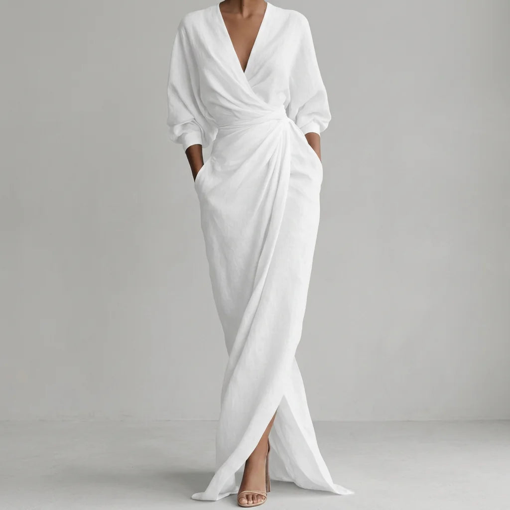 Ruched Wrap-Front Long Sleeve Maxi Dress