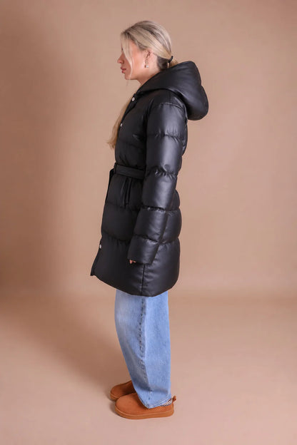 Women's Faux Leather Hooded Puffer Coat with Belt