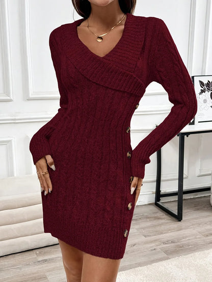 Cable Knit Sweater Dress with V-Neck