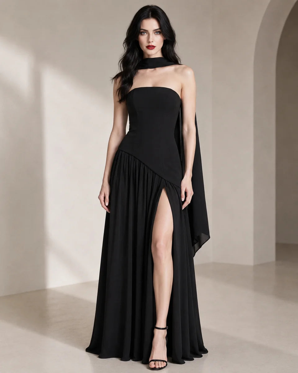 Strapless Scarf-Neck Maxi Dress