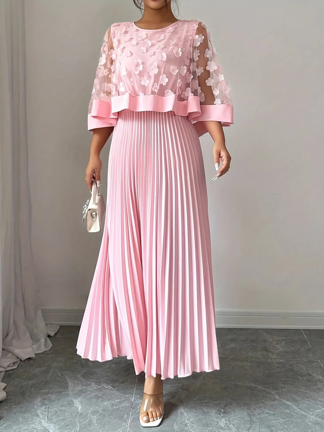 Maxi Dress 3D Floral Appliqué Pleated Wedding Guest