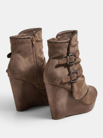 Wedge Ankle Boots Side Zip Double Buckle