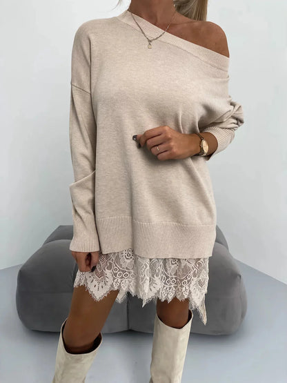 Sweater Dress – Apricot Oversized Mini Lace Hem