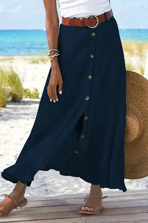 High-Waist Button-Front Crinkle Linen-Look Maxi Skirt