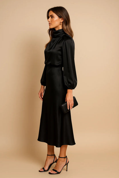 Wedding Guest Dress – Black Roll Neck Satin Midi