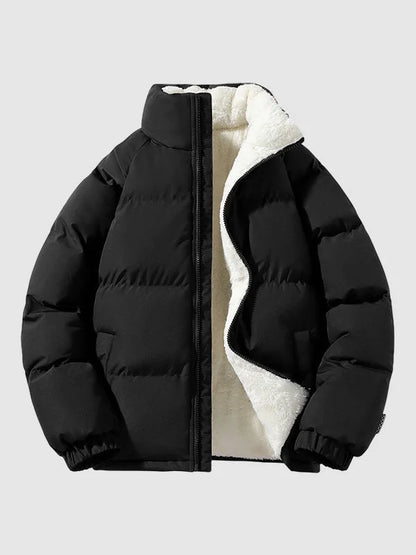 Men's Puffer Jacket – Black Fleece-Lined Stand Collar