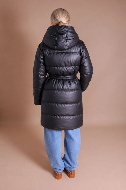 Women's Faux Leather Hooded Puffer Coat with Belt