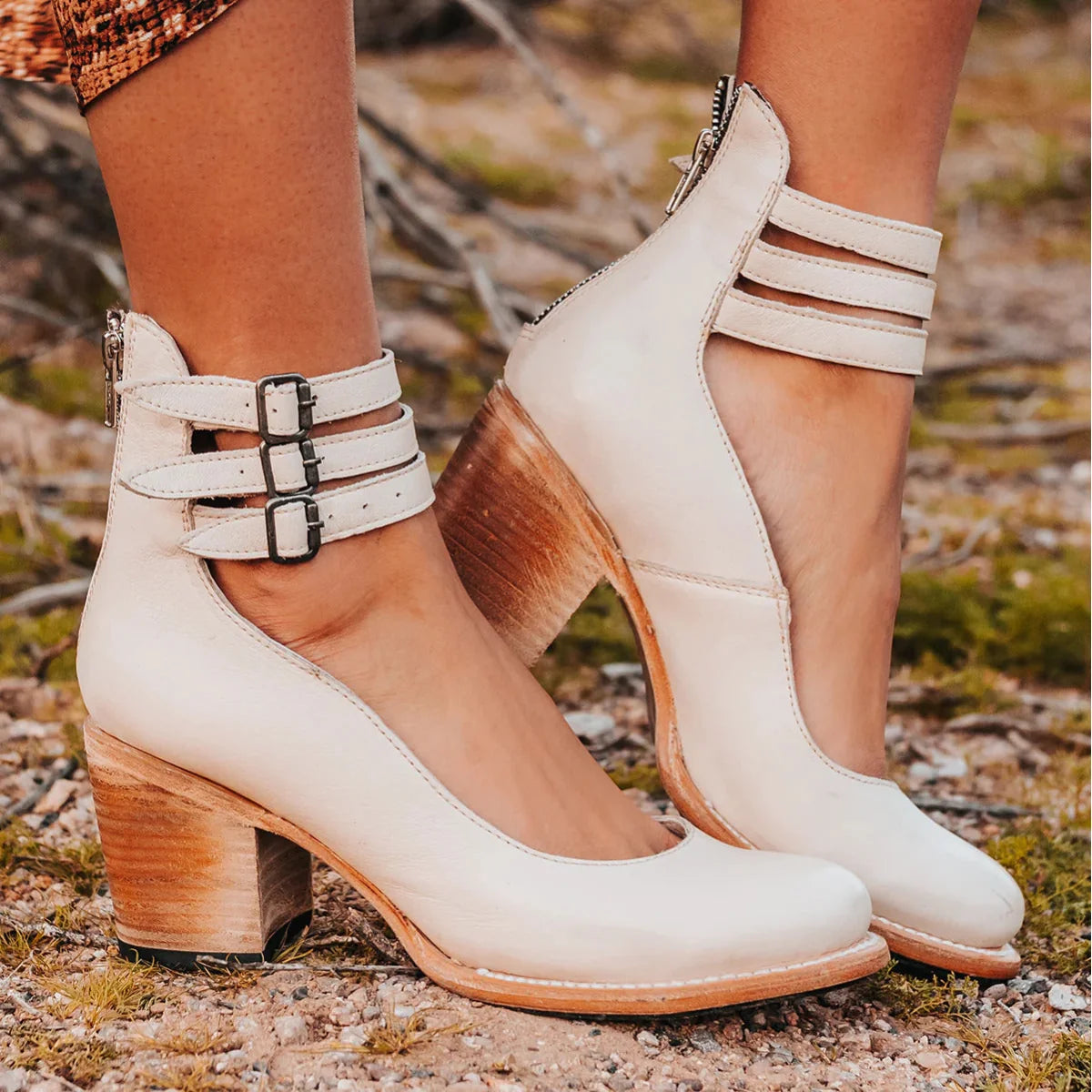 Ankle Boots Triple Buckle Strap Block Heel
