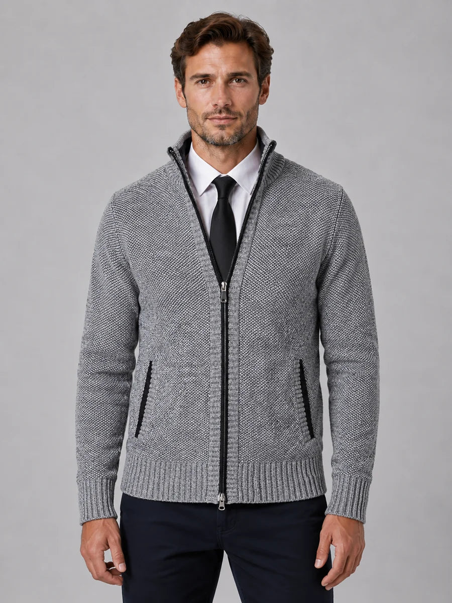 Men's Full Zip Knit Cardigan – Funnel Neck Textured Jumper