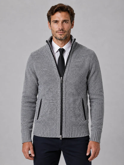 Men's Full Zip Knit Cardigan – Funnel Neck Textured Jumper