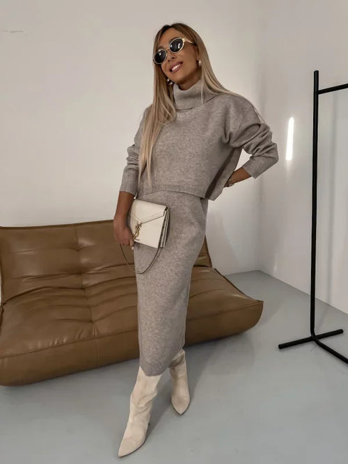 Sweater Dress – Beige Turtleneck Two-Piece Midi