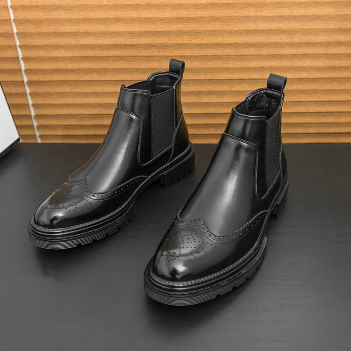 Men's Chelsea Boots – Black Leather Brogue Lug Sole