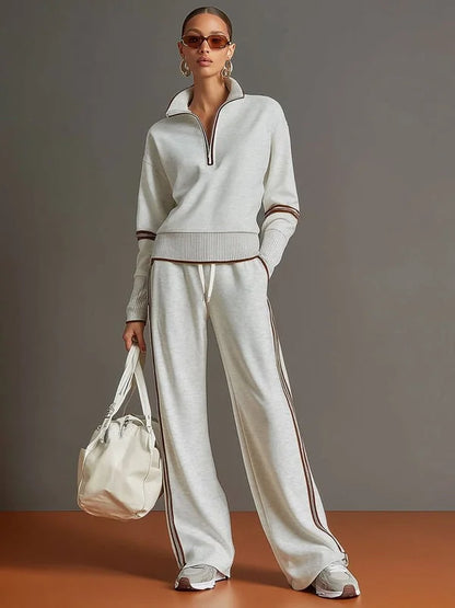 Half-Zip Loungewear Set with Wide-Leg Pants