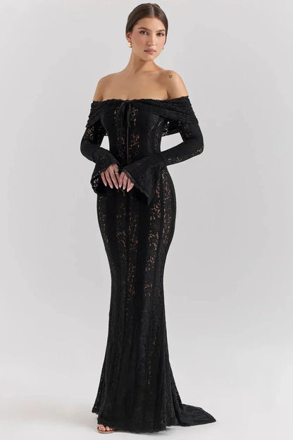 Lace Maxi Dress – Black Off-Shoulder Bell Sleeve