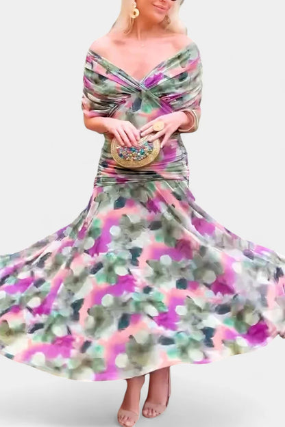 Off Shoulder Midi Dress Draped Wrap Bodice