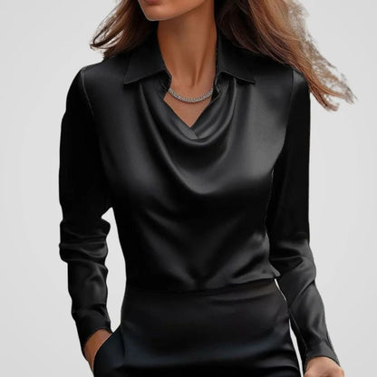 Elegant Cowl-Neck Long-Sleeve Satin Blouse