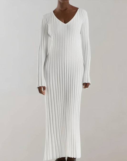 Sweater Dress – White V-Neck Ribbed Maxi